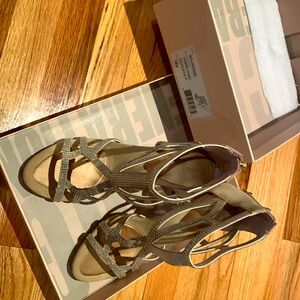 4 1/2 inch beige suede sandals with pretty rhinestones size 9 BCBG Generation